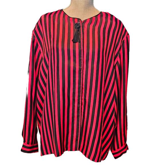 Jordan Silk Blouse 100% Woman Sz 24W Red Black Stripes Fly Front Covered Placket - Picture 1 of 11